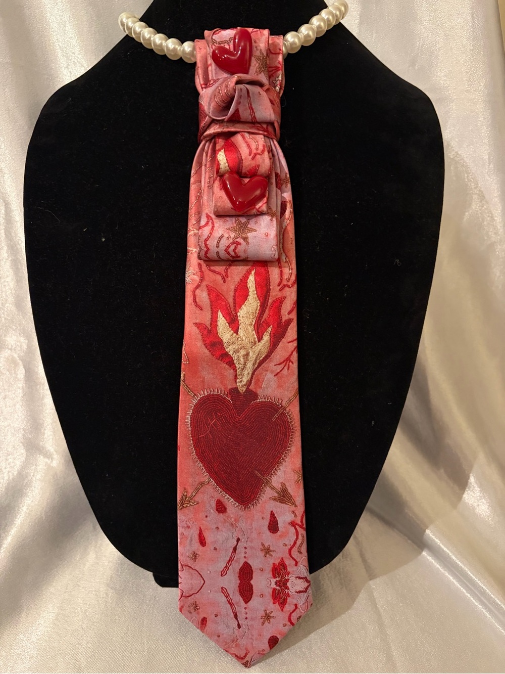 Red Heart Motif Silk Tie Scarf - Women Accessories
